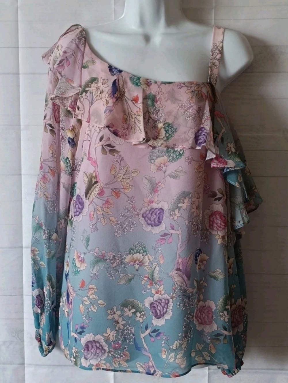 Nanette Lepore Silk Chiffon Floral Cold Shoulder Ling Sleeve Top